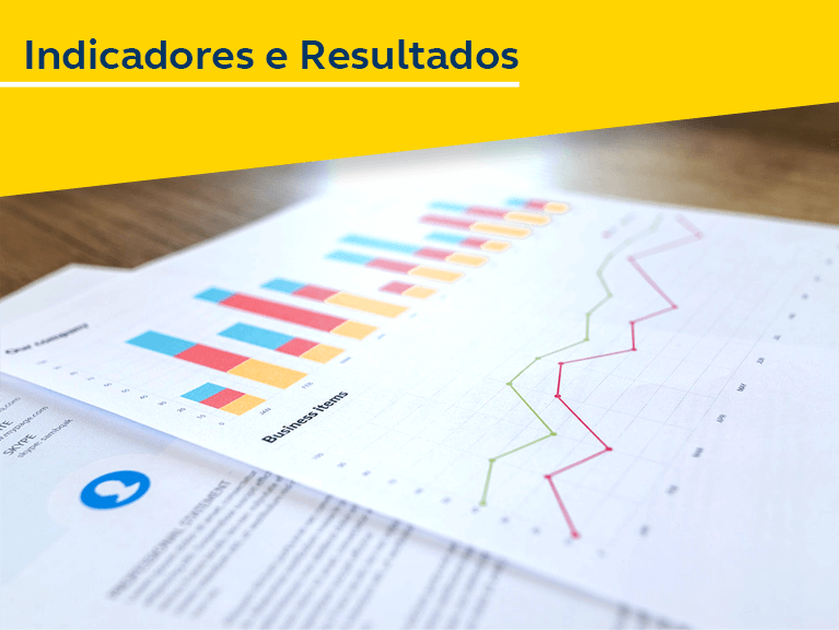 Indicadores e Resultados - Folhas brancas com gráficos e informações estatísticas.