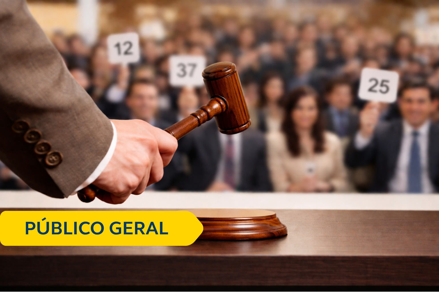 Leilão Imagem de uma mão com um martelo batendo em uma mesa. Ao fundo pessoas assistem e levantam placas com números remetendo a um leilão