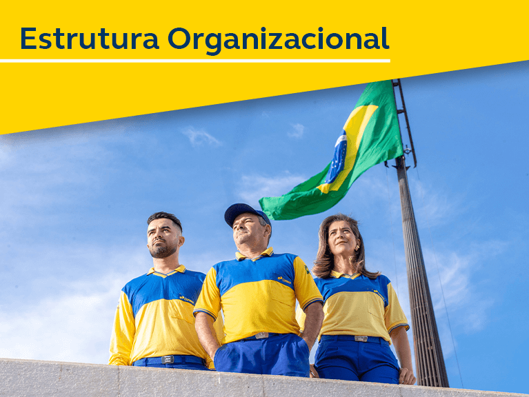 Foto de três carteiros em pé, ao fundo a bandeira do Brasil