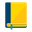 Livro amarelo fechado com detalhe azul escuro na vertical.
