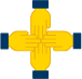 Mãos em tom amarelo sobrepostas em forma de cruz, simbolizando união.