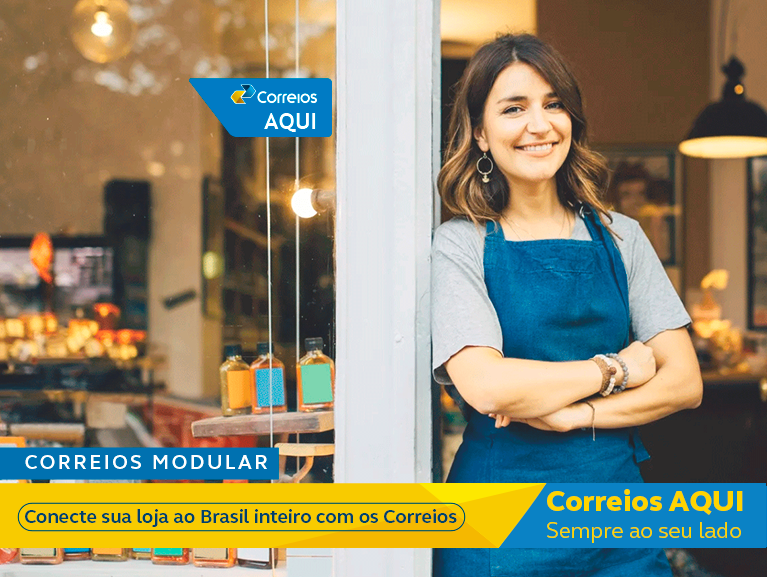 Banner com fundo azul. Do lado direito imagem de um balcão escrito Atendimento Correios. Do ladop esquerdo a mensagem: Editais abertos para Correios Modular. Um correios para chamar de seu. 