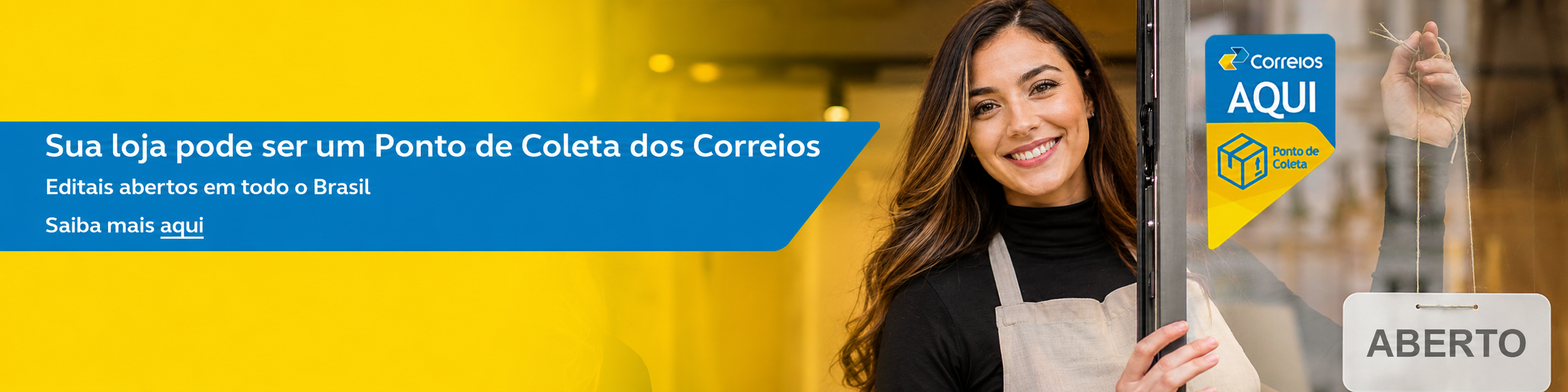 banner com fundo azul e mulher negra do lado direito segurando 4 caixas. Do lado esquerdo a mensagem: Ponto de Coleta, Um correios para chamar de seu. Torne-se um de nossos parceiros.