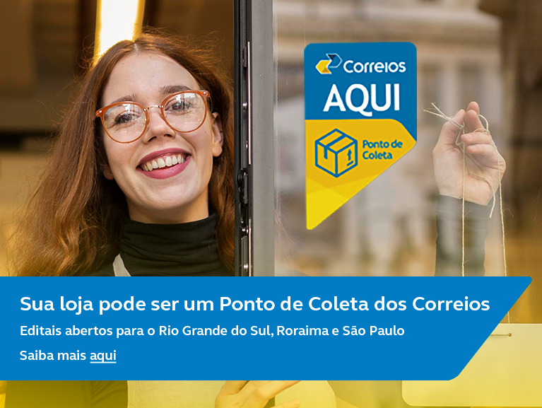 Ponto de Coleta banner com fundo azul e mulher negra do lado direito segurando 4 caixas. Do lado esquerdo a mensagem: Ponto de Coleta, Um correios para chamar de seu. Torne-se um de nossos parceiros.