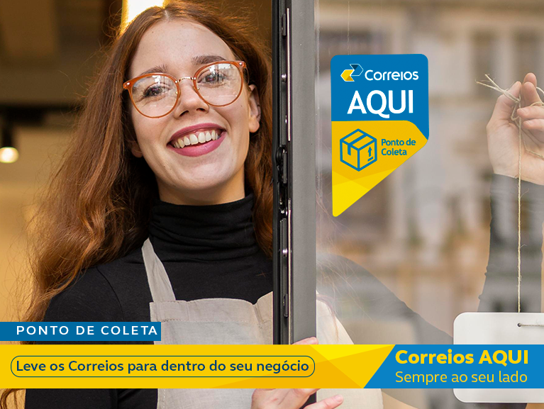 banner com fundo azul e mulher negra do lado direito segurando 4 caixas. Do lado esquerdo a mensagem: Ponto de Coleta, Um correios para chamar de seu. Torne-se um de nossos parceiros.