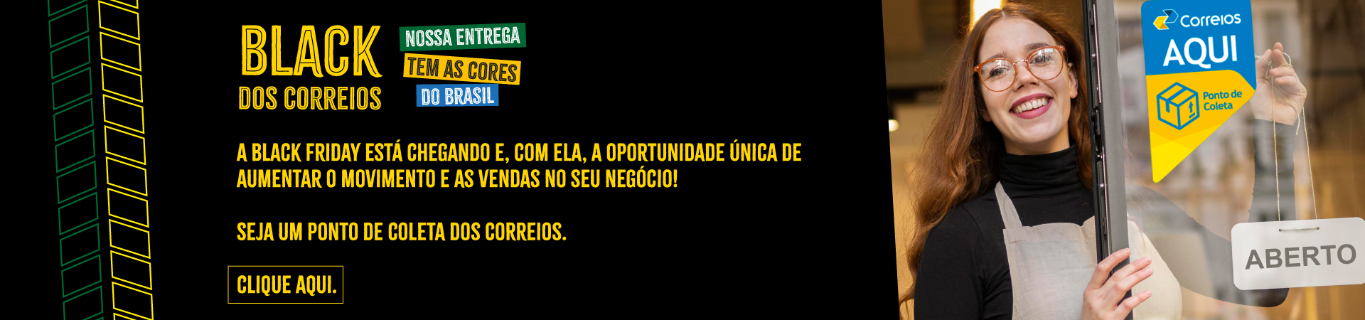 banner com fundo azul e mulher negra do lado direito segurando 4 caixas. Do lado esquerdo a mensagem: Ponto de Coleta, Um correios para chamar de seu. Torne-se um de nossos parceiros.