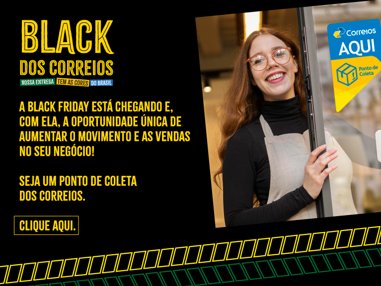 banner com fundo azul e mulher negra do lado direito segurando 4 caixas. Do lado esquerdo a mensagem: Ponto de Coleta, Um correios para chamar de seu. Torne-se um de nossos parceiros.