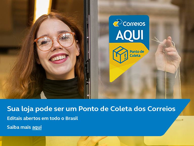 banner com fundo azul e mulher negra do lado direito segurando 4 caixas. Do lado esquerdo a mensagem: Ponto de Coleta, Um correios para chamar de seu. Torne-se um de nossos parceiros.