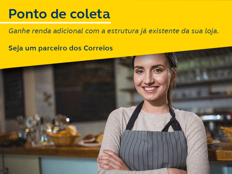 Faça parte da maior rede logística do Brasil. Seja um parceiro dos Correios. Mulher branca em frente a um balcão de padaria com cesta de pães em cima do balcão.