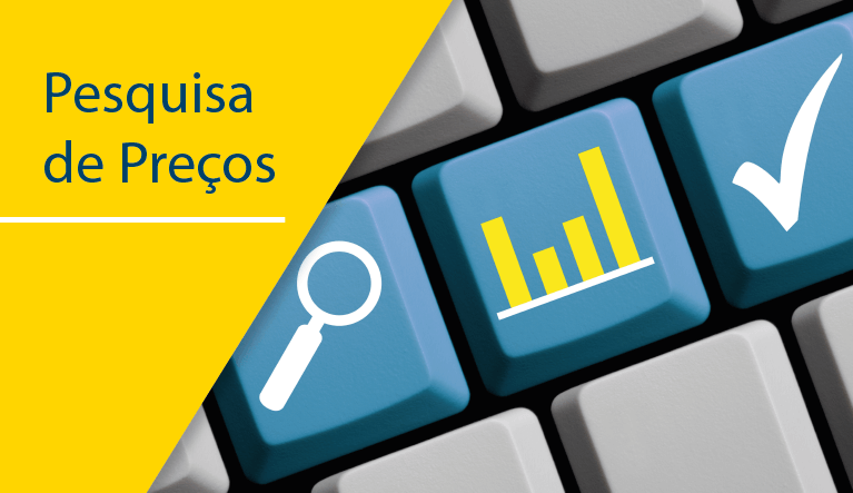 imagem de um teclado com desenho em 3 teclas de uma lupa, um gráfico e uma check. Frase: Pesquisa de preços.