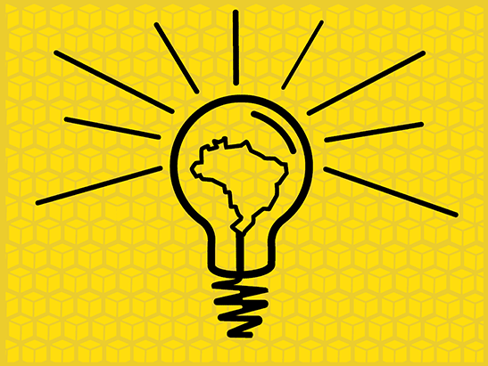 Soluções Operacionais está online! desenho em traço preto de uma lâmpada com o mapa do brasil dentro em fundo amarelo