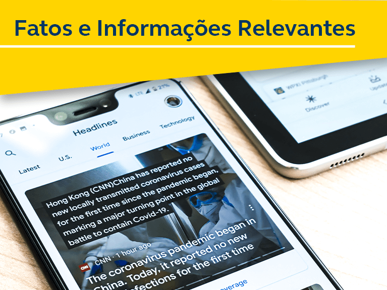 Banner com a frase : fatos e informações relevantes. Imagem de parte de uma celular e de uma tablete