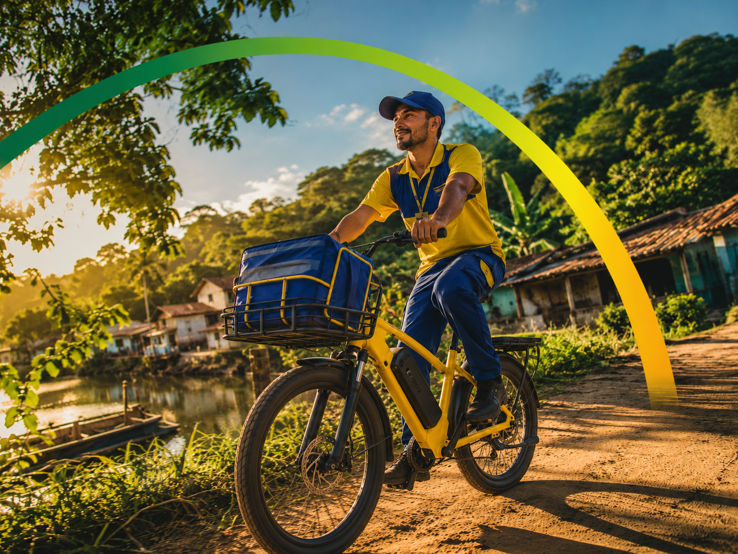 Gestão da Emissão de GEE Carteiro, de uniforme azul e amarelo, atravessa uma ponte de madeira empurrando uma bicicleta