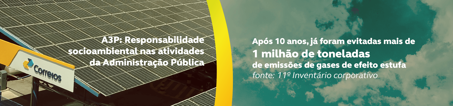 Imagem dividida ao meio de um telhado fotovoltaico e de um céu com nuvens. No texto A3P: responsabilidade socioambiental nas atividades da Administração Pública de um lado. Do outro Aós 10 anos, já foram evitadas mais de 1 milhão de toneladas de emissões de gases de efeito estufa. Fonte 11º Inventário corporativo