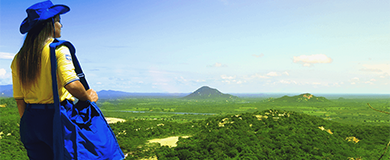 Carteira uniformizada olhando o horizonte em cima de uma montanha.