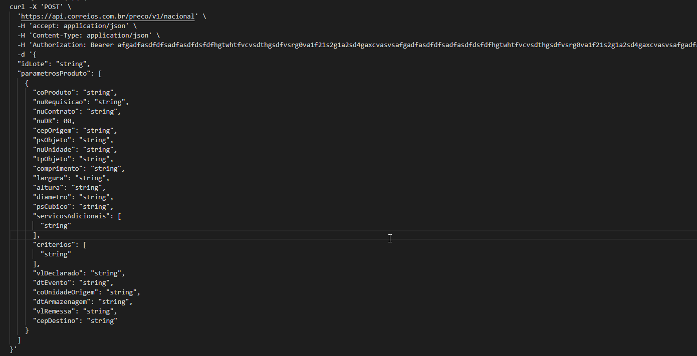 Exemplo cURL de requisição POST para /v1/nacional da API Preço