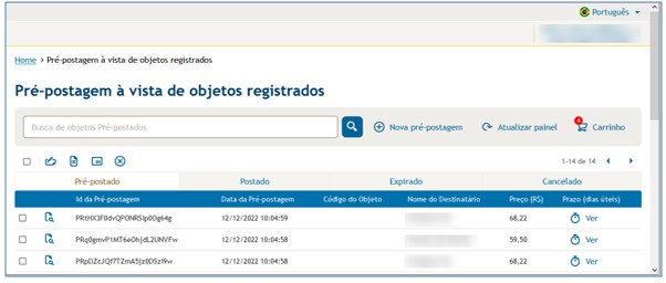 Pré-postagem à vista de objetos registrados