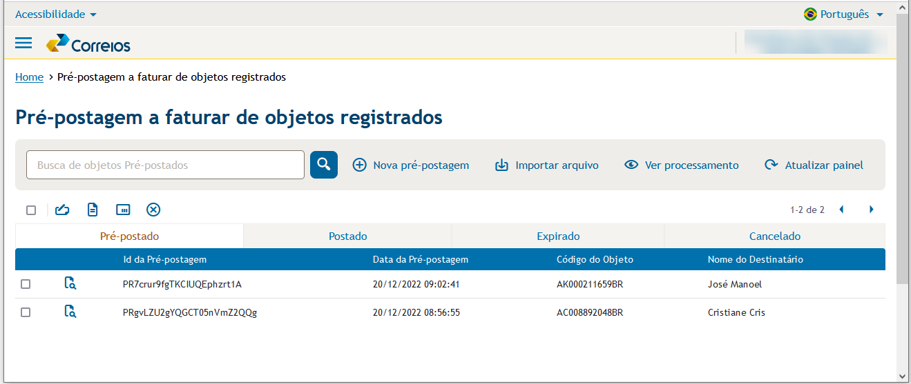 Pré postagem faturar objetos registrados