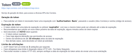 Imagem mostrando regras de geração, expiração e limite de solicitações do Token no Swagger.