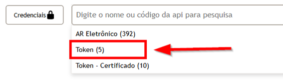 Imagem mostrando a API Token (5) em destaque na pesquisa de credenciais.
