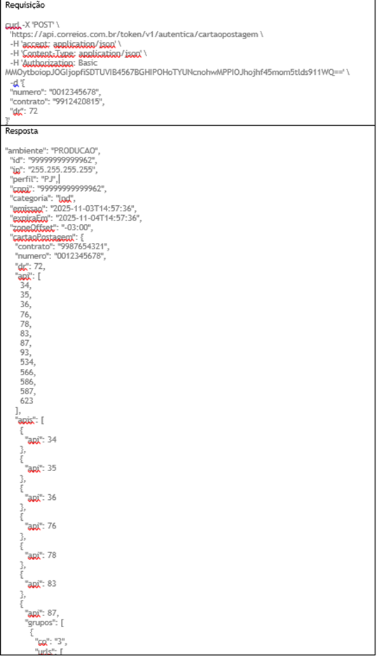 Exemplo de Requisição e Resposta cURL para autenticação via Login e Cartão de Postagem.