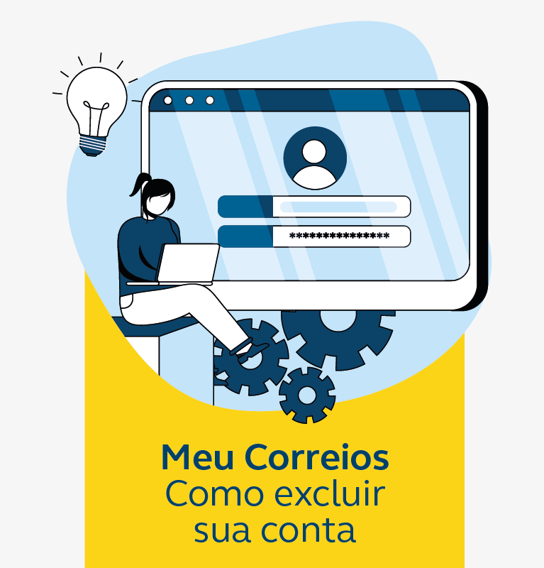 Ilustração de menina com notebook sentada em frente à um monitor com área de login na tela. Frase: Meu Correios: como excluir sua conta