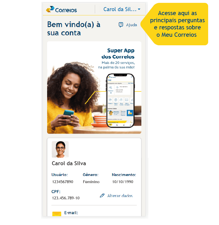Imagem da tela inicial do dashboard Meu Correios