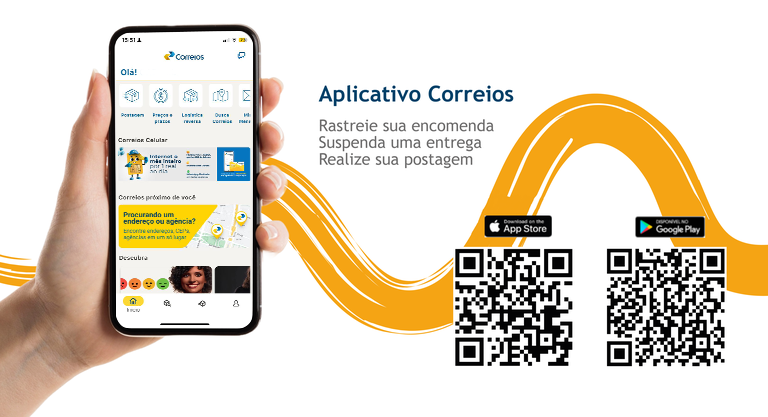 Aplicativo Correios. Rastreie sua encomenda. Suspenda uma entrega. Realize sua postagem. Clique aqui e conheça o app Correios.