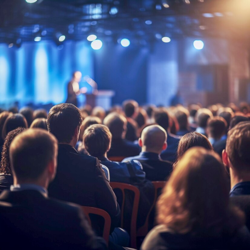 Sobre o evento Pessoas em um evento sentadas assistindo a palestrante que está ao fundo desfocado