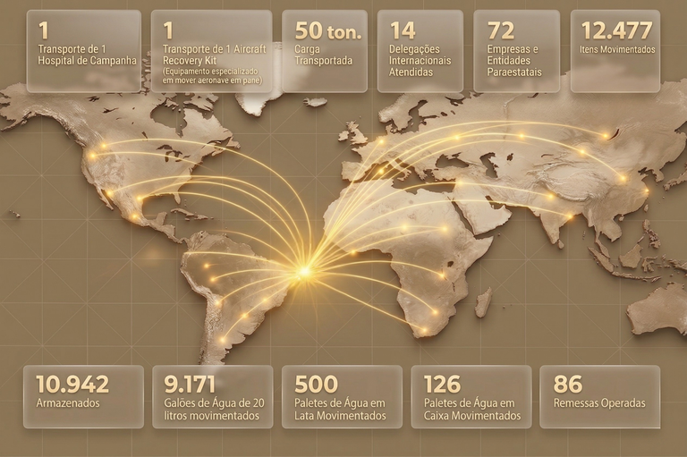 Mapa-múndi com conexões logísticas dos Correios