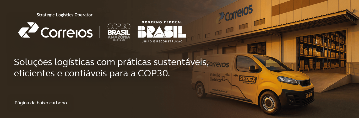Van dos Correios em frente a um galpão aberto dos Correios, todos em amarelo. Na frase, soluções logísticas sustentáveis, eficiente e confiáveis para a COP30, junto com a logomarca dos Correios