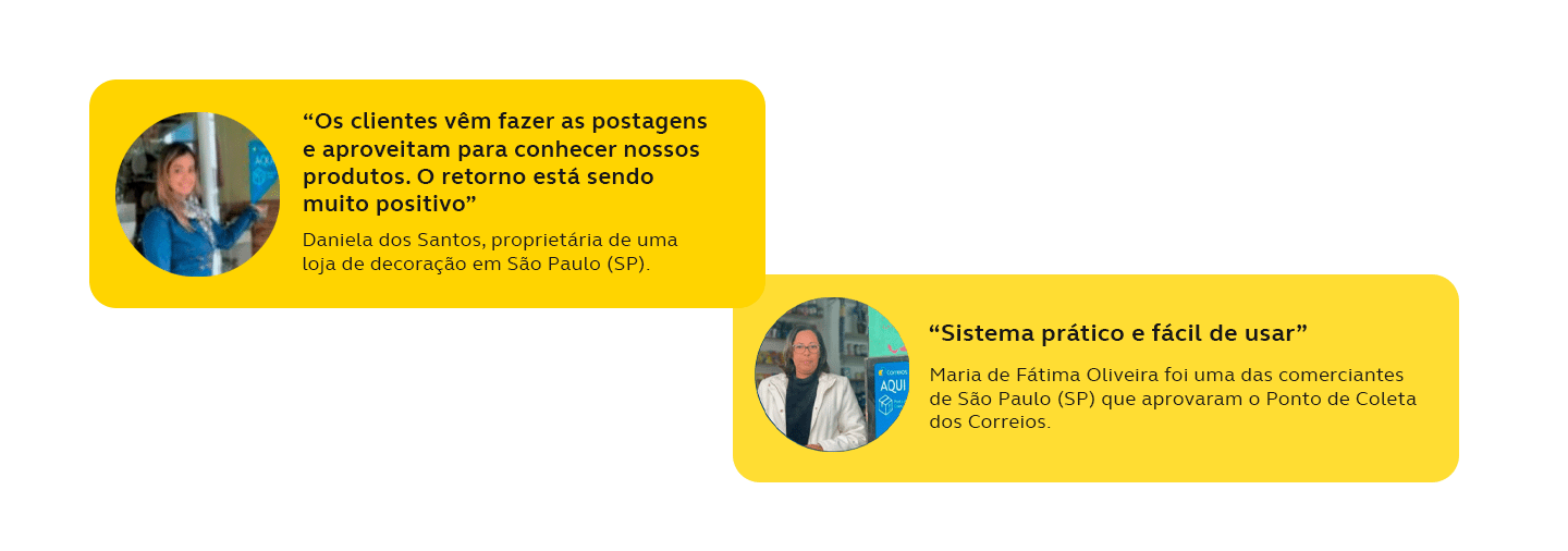 Imagem de uma mulher loira, parceira dos Correios que aderiu ao Ponto de Coleta loira. Ela informa que os clientes vão fazer as postagens e aproveitam para conhecer os produtos de sua loja. Além disso, ela diz que o retorno está sendo muito positivo. 