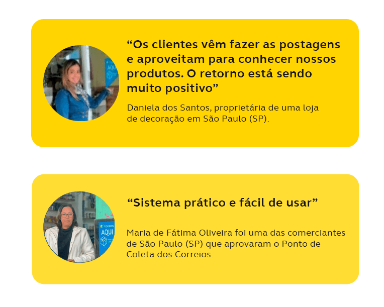 Imagem de uma mulher loira, parceira dos Correios que aderiu ao Ponto de Coleta loira. Ela informa que os clientes vão fazer as postagens e aproveitam para conhecer os produtos de sua loja. Além disso, ela diz que o retorno está sendo muito positivo. 