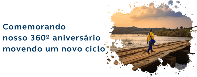 Imagem com mensagem: Comemorando nosso 360 aniversário movendo ciclos. Do lado direito um carteiro passando em cima de uma ponte.