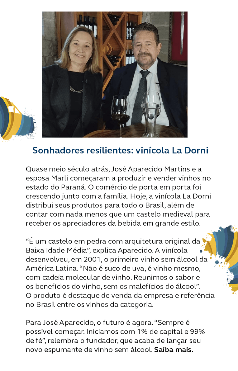 Imagem com texto com história da vinícola La Dorni. Fotos com homem e mulher segurando taças de vinho