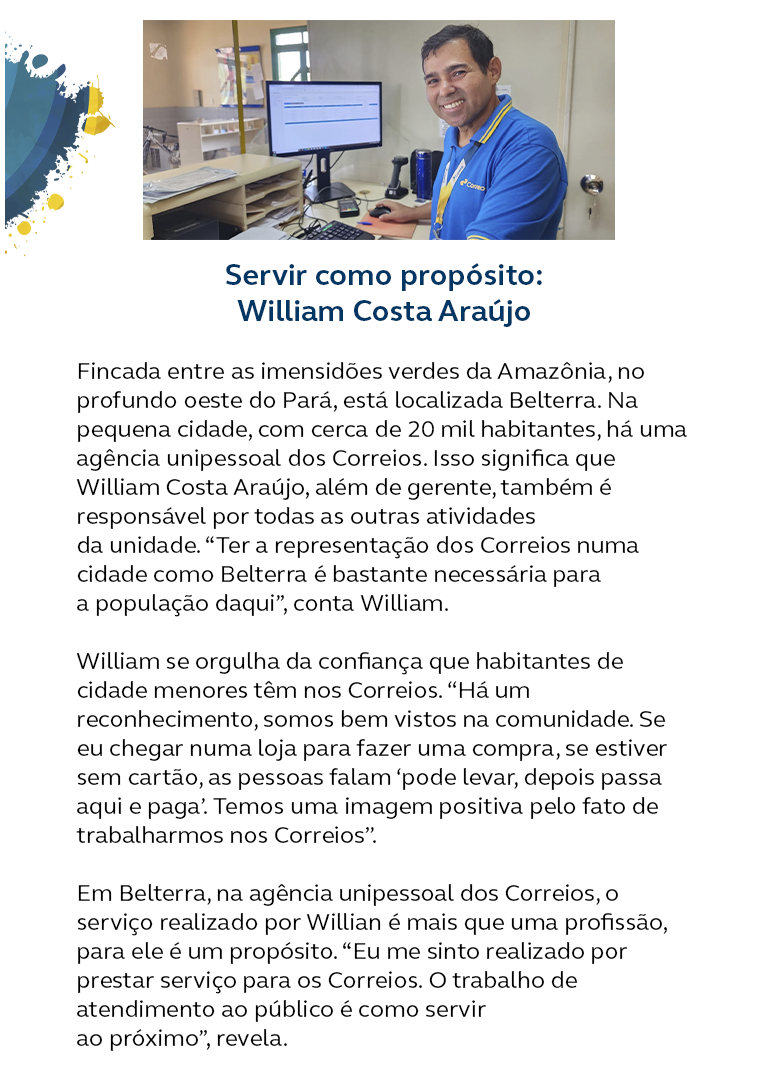 Imagem com texto com a história de funcionário dos Correios William Costa. Imagem de um homem sorrindo em frente ao computador