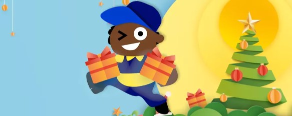 Imagem de um desenho estilizado de um carteiro segurando presentes. Ao fundo uma áravore com enfeites de natal