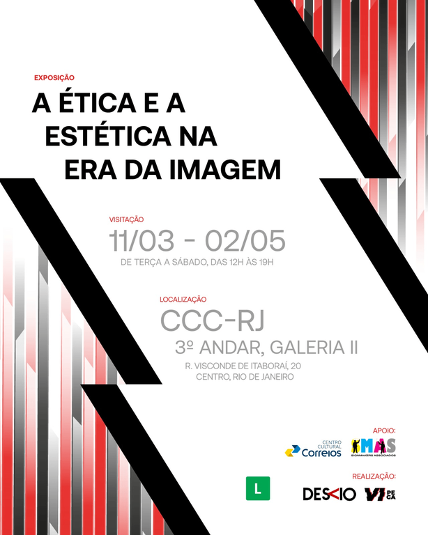 O folder apresenta imagem abstrata no fundo e o seguinte texto - A Ética e a Estética na era da imagem, Visitação: 11/03 a 02/05. Localização: CCC-RJ 3º andar, Galeria II.
