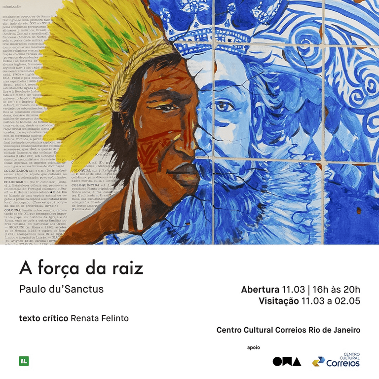O convite apresenta uma figura que lembra a metade da face de um índio juntamente com a outra metade da face de um homem e o seguinte texto - A Força da Raiz, Paulo du´Sanctus. Abertura: 11.03 / 16h às 20h. Visitação: 11.03 a 02.05.