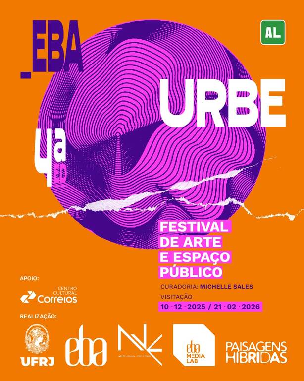 O convite apresenta fundo na cor laranja bem vibrante. um círculo roxo ao centro com desenhos abstratos no interior e o seguinte texto - EBA URBE 4ª ED. Festival de Arte e Espaço Público. Curadoria - Michelle Sales. Visitação - 10.12.2025 / 21.02.2026