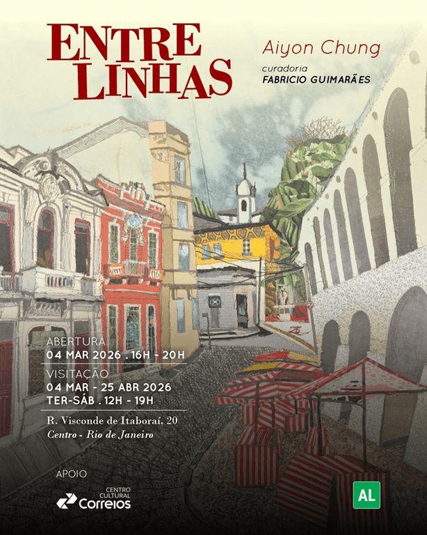 O convite apresenta Imagem de uma paisagem que lembra uma rua com várias casas dos dois lados da rua e também no final da rua e o seguinte texto: Entre Linhas - Aiyon Chung - Curadoria - Fabricio Guimarães. Abertura - 04 mar 2026 de 16h - 20h. Visitação - 04 mar - 25 abr 2026 ter - sáb 12h-19h. Apoio - Centro Cultural Correios.