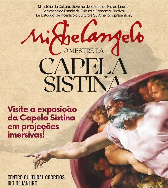 Michelangelo: O Mestre da Capela Sistina O convite apresenta o seguinte texto - Michelangelo - O mestre da capela sistina. E uma figura com imagens religiosas.