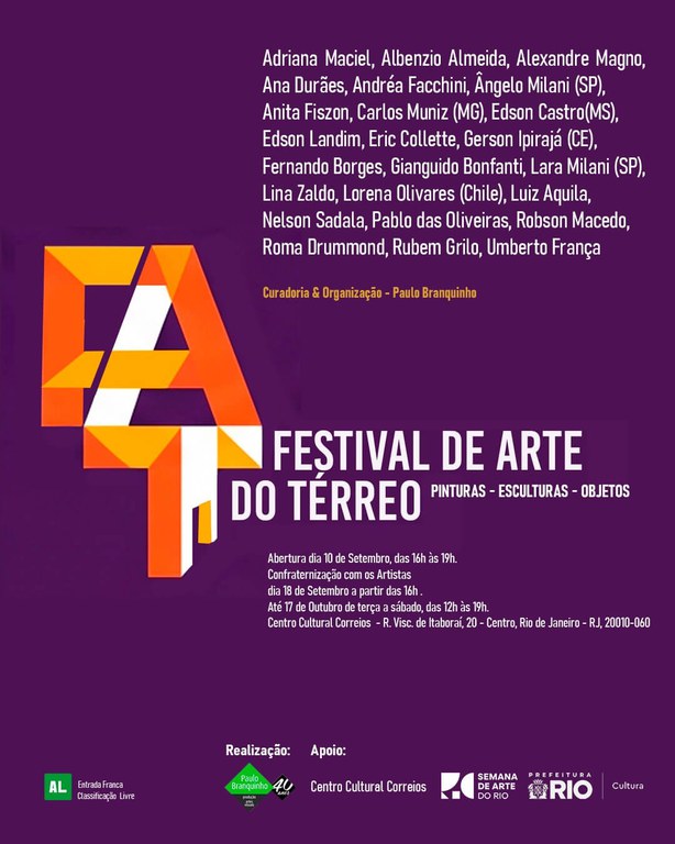 Convite com fundo colorido na cor roxa ao centro o nome - Festival de Arte do Térreo, os nomes dos participantes e da divulgação do evento.