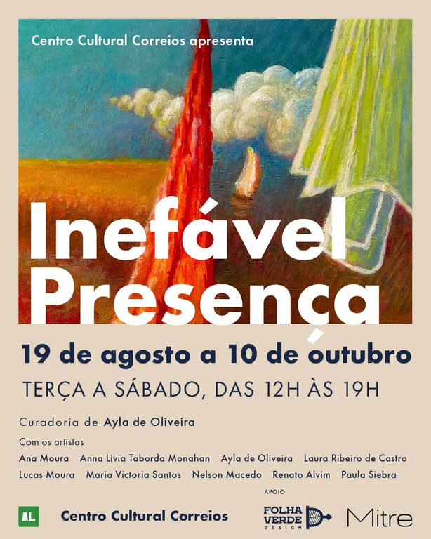 Folder com fundo na cor marrom, na parte superior um desenho abstrato que lembra ser pintado à mão. E o seguinte texto - Centro Cultural Correios apresenta - Inefável Presença. 19 de agosto a 10 e outubro. Centro Cultural Correios.