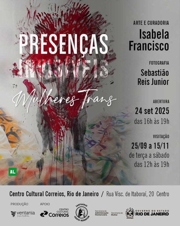 Presenças Invisíveis - Mulheres Trans O folder apresenta uma imagem abstrata bem colorida em tinta e o seguinte texto - Presenças Invisíveis - Mulheres Trans. Arte e Curadoria. Isabela Francisco. Fotografia Sebastião Reis Junior Abertura - 24 set 2025 das 16 às 19h. Visitação - 25/09 a 15/11 de terça a sábado das 12h às 19h.
