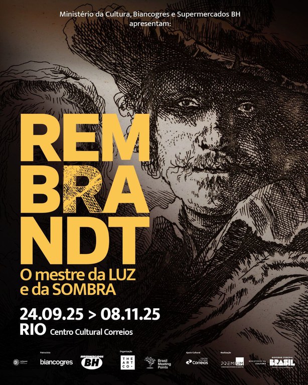 REMBRANDT O mestre da LUZ e da SOMBRA O Folder apresenta uma figura abstrata em cores escuras que lembra o rosto de um homem com chapéu e o seguinte texto - REMBRANDT O mestre da luz e da sombra. 24.09.25 - 08.11.25 RIO Centro Cultural Correios