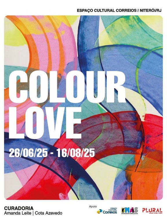 Colour Love O convite apresenta desenhos abstratos e coloridos ao fundo e o seguinte texto - Espaço Niterói Correios. Colour Love. 26/06/25 - 16/08/25. Curadoria: Amanda Leite/Cota Azevedo.