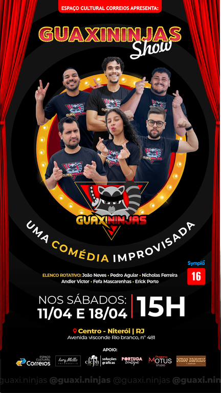 O convite apresenta fundo escuro nas cores preto e vermelha ao centro foto com os atores e o seguinte texto - Guaxininjas Show. Uma Comédia Improvisada. Elenco rotativo. Nos sábados - 11/04 e 18/04 15h.