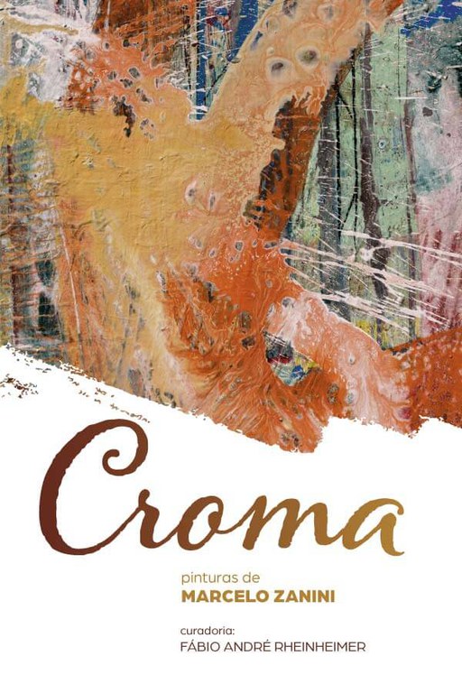 Sanagê Pele e Osso O convite possui fundo branco embaixo, no alto da figura há uma figura de tintas chamuscadas. Exposição: Croma. Pinturas de MArcelo Zanini e curadoria de Fábio André Rheinheimer.