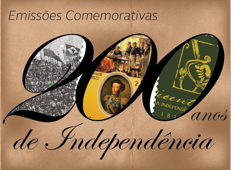 200 anos de independencia Emissões comemorativas 200 anos de independência. Selo com fundo preto marrom, destaque o numero 200 com imagens dentro dos números.